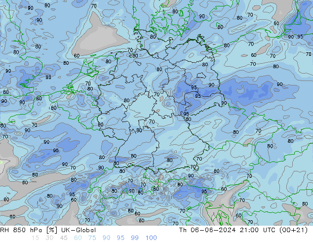 Humidité rel. 850 hPa UK-Global jeu 06.06.2024 21 UTC