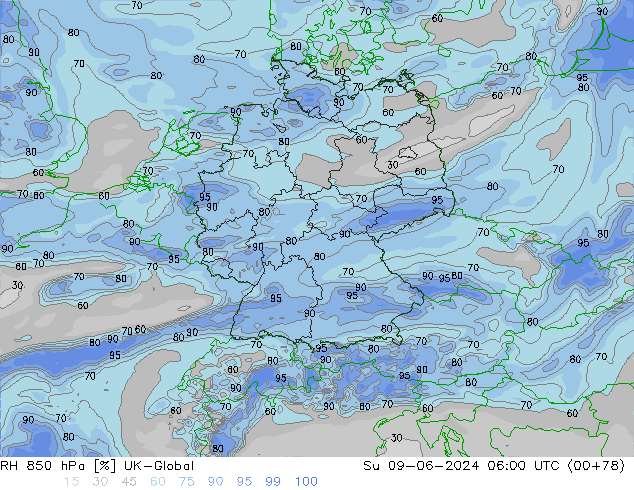 RH 850 hPa UK-Global Su 09.06.2024 06 UTC