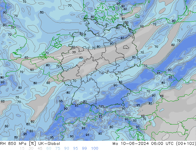 Humedad rel. 850hPa UK-Global lun 10.06.2024 06 UTC