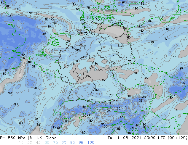 RH 850 hPa UK-Global  11.06.2024 00 UTC