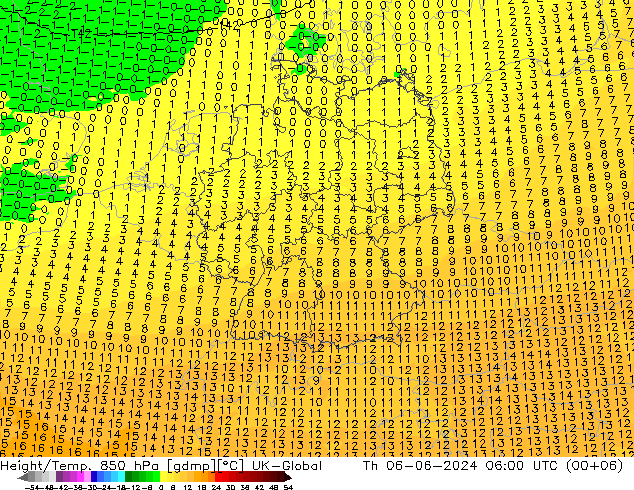 Height/Temp. 850 hPa UK-Global 星期四 06.06.2024 06 UTC