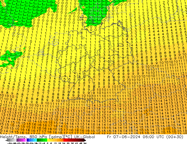 Yükseklik/Sıc. 850 hPa UK-Global Cu 07.06.2024 06 UTC