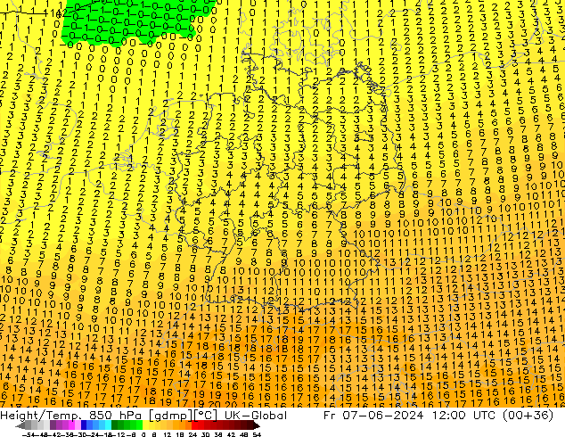 Height/Temp. 850 гПа UK-Global пт 07.06.2024 12 UTC