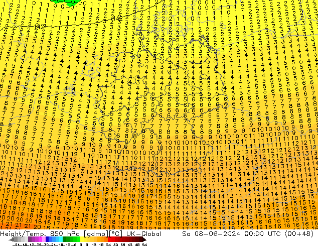 Height/Temp. 850 hPa UK-Global Sáb 08.06.2024 00 UTC