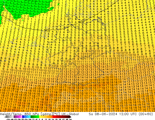 Height/Temp. 850 hPa UK-Global  08.06.2024 12 UTC