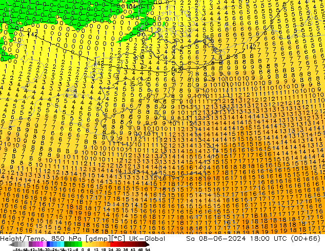 Height/Temp. 850 hPa UK-Global Sa 08.06.2024 18 UTC