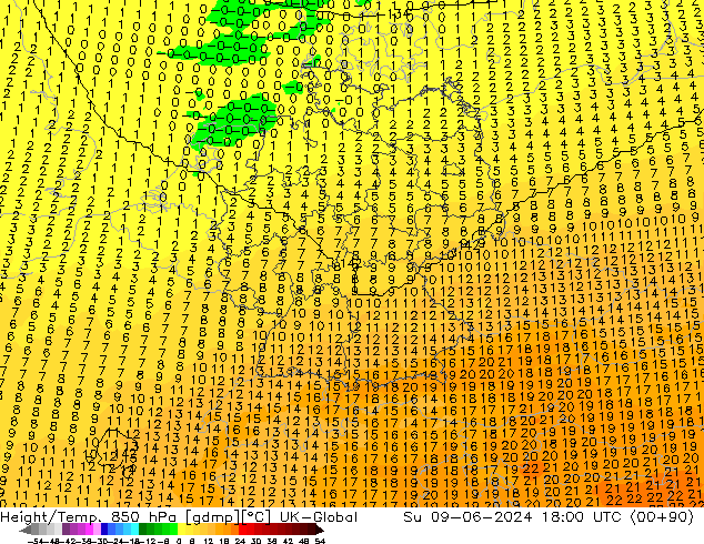 Height/Temp. 850 hPa UK-Global Dom 09.06.2024 18 UTC