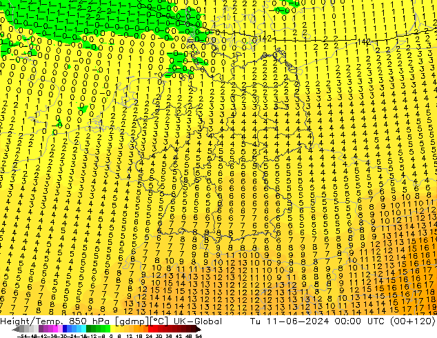 Height/Temp. 850 hPa UK-Global Út 11.06.2024 00 UTC