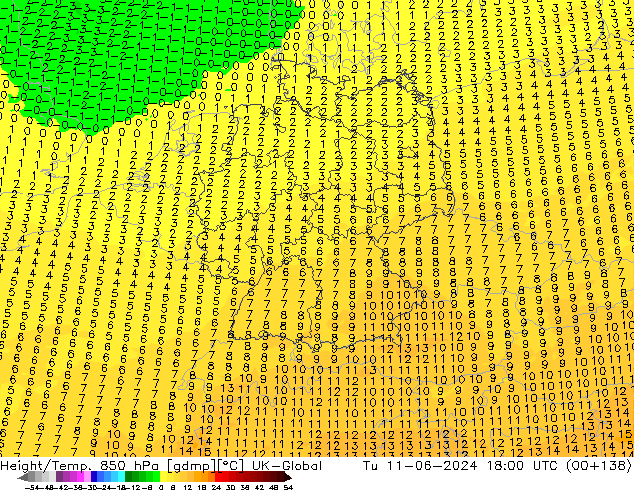 Height/Temp. 850 hPa UK-Global Tu 11.06.2024 18 UTC