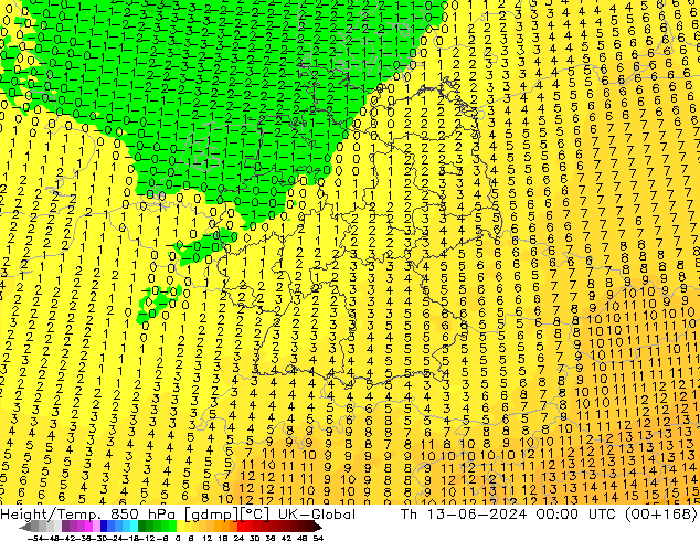 Height/Temp. 850 hPa UK-Global Čt 13.06.2024 00 UTC