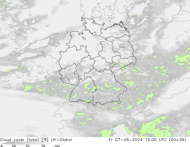 Cloud cover (total) UK-Global Fr 07.06.2024 15 UTC