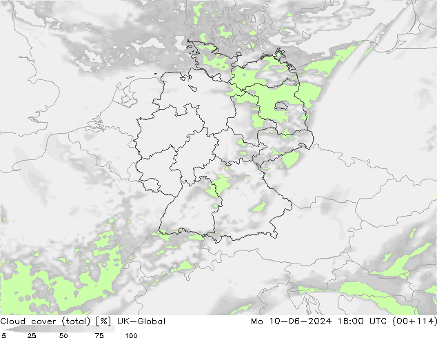 Cloud cover (total) UK-Global Po 10.06.2024 18 UTC