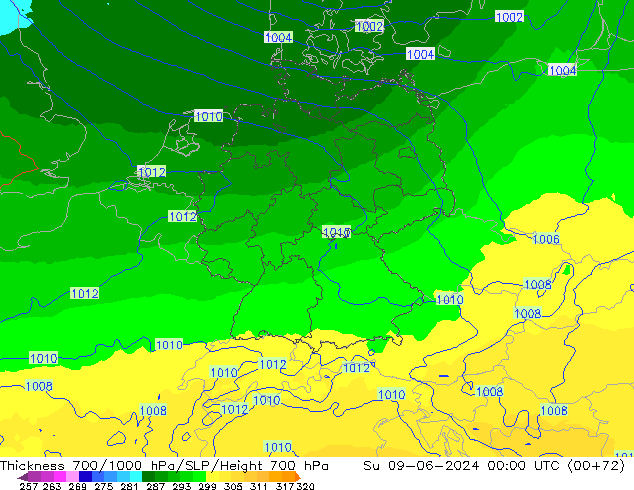 Thck 700-1000 hPa UK-Global Su 09.06.2024 00 UTC