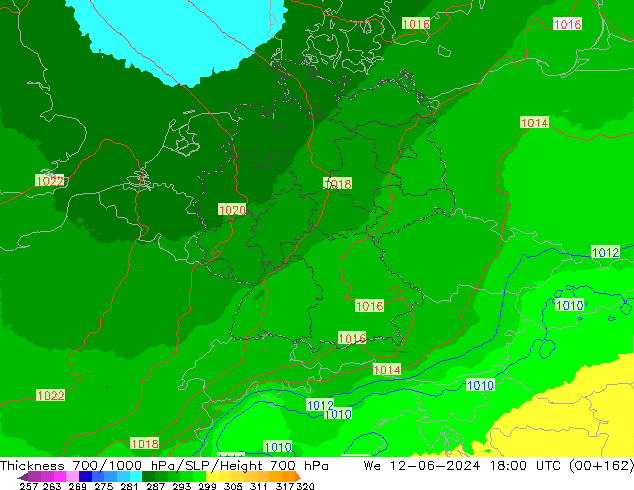 Thck 700-1000 hPa UK-Global Qua 12.06.2024 18 UTC
