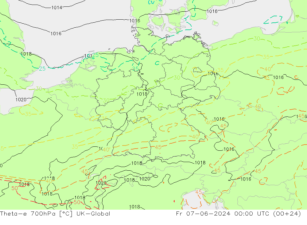 Theta-e 700hPa UK-Global Fr 07.06.2024 00 UTC
