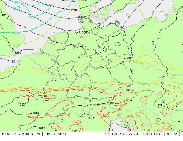 Theta-e 700hPa UK-Global Sáb 08.06.2024 12 UTC