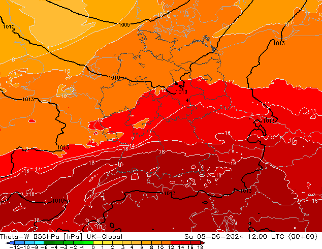 Theta-W 850hPa UK-Global za 08.06.2024 12 UTC