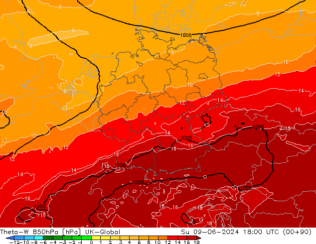 Theta-W 850hPa UK-Global nie. 09.06.2024 18 UTC