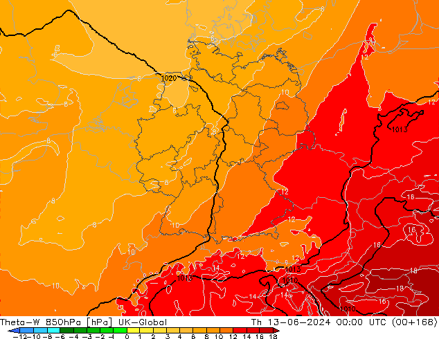 Theta-W 850hPa UK-Global Do 13.06.2024 00 UTC