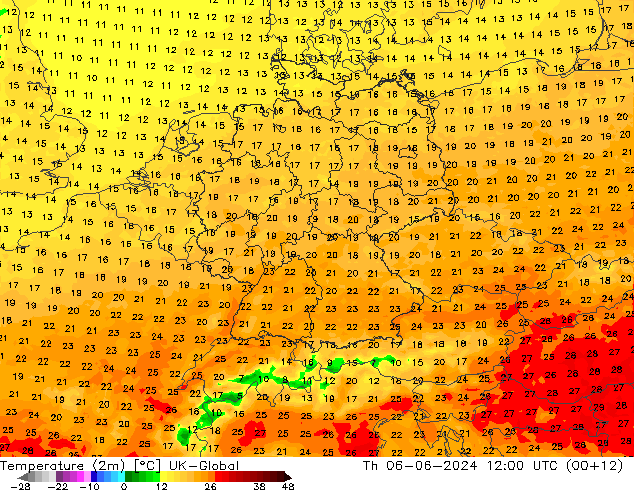 Temperature (2m) UK-Global Th 06.06.2024 12 UTC