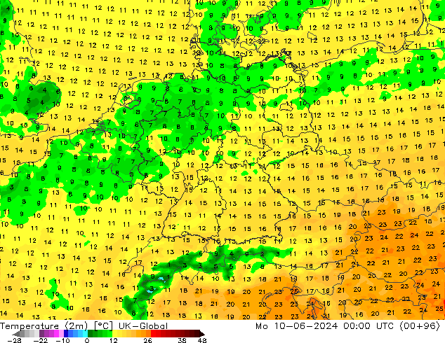 Temperatura (2m) UK-Global Seg 10.06.2024 00 UTC