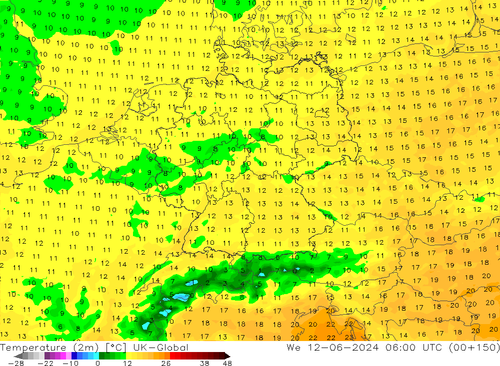 Sıcaklık Haritası (2m) UK-Global Çar 12.06.2024 06 UTC