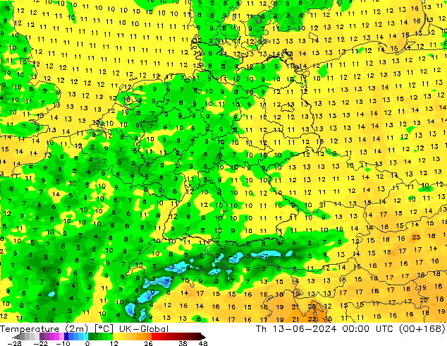 Temperature (2m) UK-Global Th 13.06.2024 00 UTC