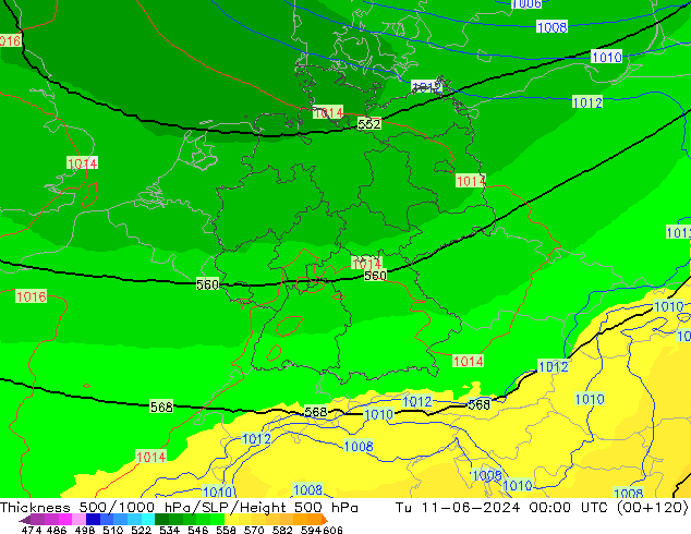 Dikte 500-1000hPa UK-Global di 11.06.2024 00 UTC