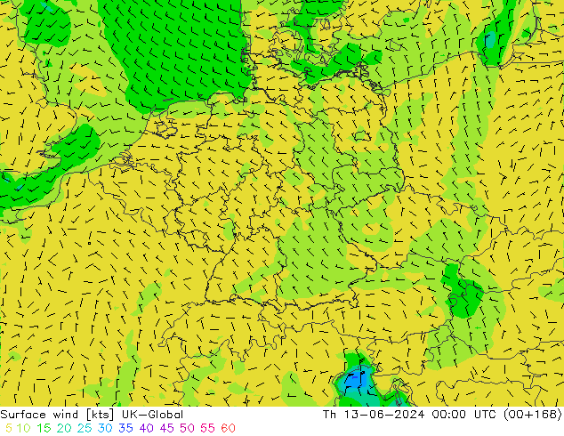 Surface wind UK-Global Th 13.06.2024 00 UTC
