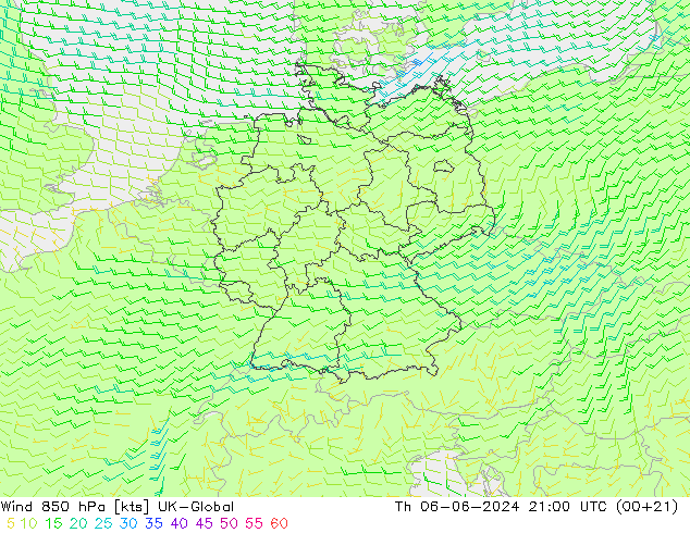 Wind 850 hPa UK-Global Th 06.06.2024 21 UTC