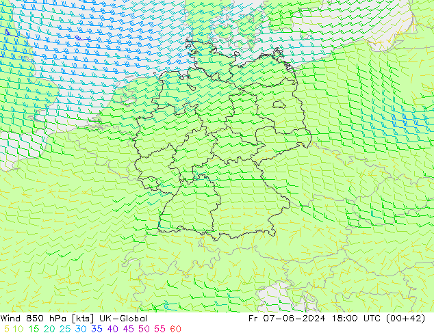 Wind 850 hPa UK-Global Fr 07.06.2024 18 UTC