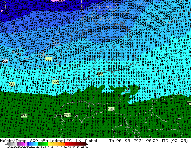 Height/Temp. 500 hPa UK-Global Th 06.06.2024 06 UTC