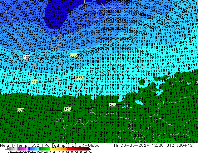 Height/Temp. 500 hPa UK-Global gio 06.06.2024 12 UTC