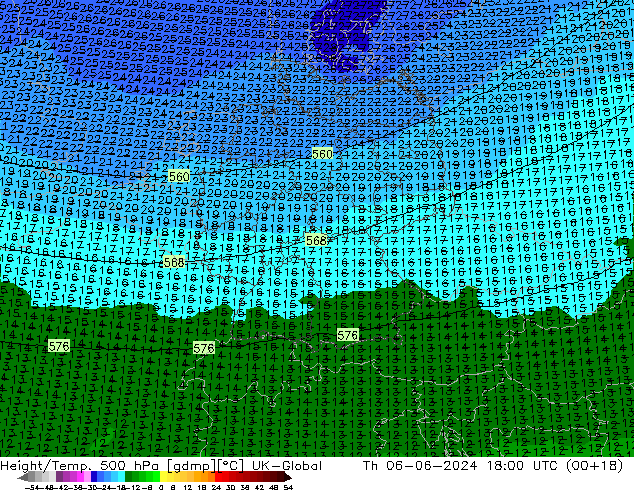 Height/Temp. 500 hPa UK-Global gio 06.06.2024 18 UTC