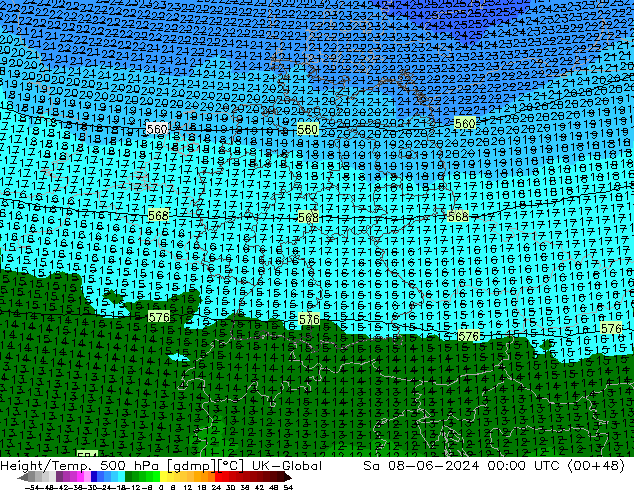 Height/Temp. 500 hPa UK-Global Sáb 08.06.2024 00 UTC