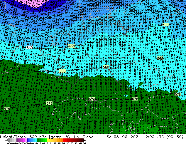 Géop./Temp. 500 hPa UK-Global sam 08.06.2024 12 UTC