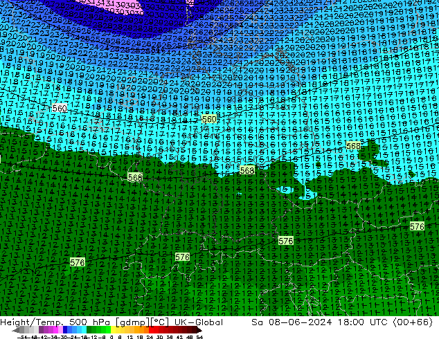 Height/Temp. 500 hPa UK-Global Sáb 08.06.2024 18 UTC