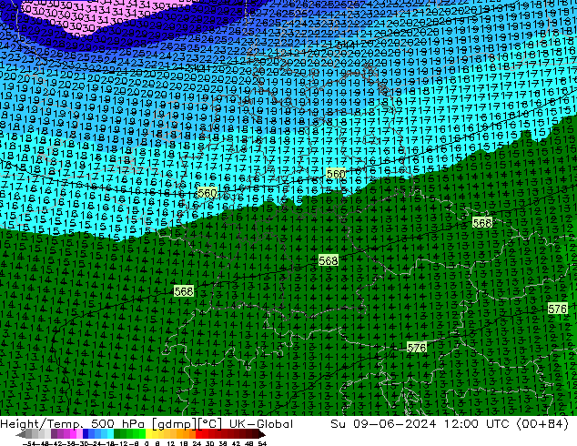 Height/Temp. 500 hPa UK-Global dom 09.06.2024 12 UTC