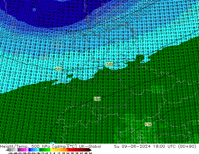 Height/Temp. 500 hPa UK-Global Dom 09.06.2024 18 UTC