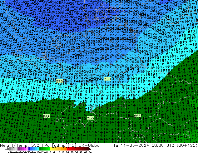 Height/Temp. 500 hPa UK-Global  11.06.2024 00 UTC