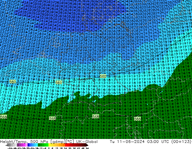 Hoogte/Temp. 500 hPa UK-Global di 11.06.2024 03 UTC
