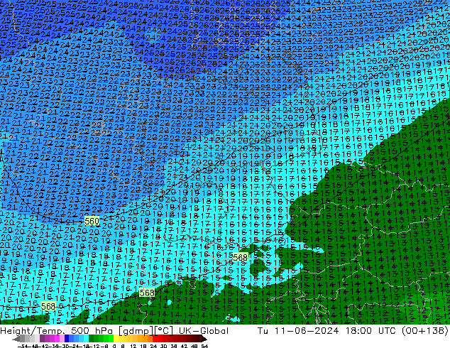 Height/Temp. 500 гПа UK-Global вт 11.06.2024 18 UTC