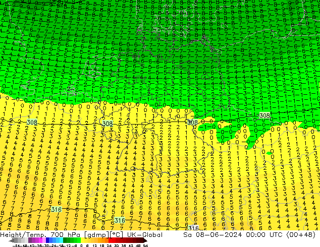 Height/Temp. 700 hPa UK-Global  08.06.2024 00 UTC