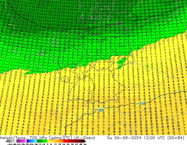 Height/Temp. 700 hPa UK-Global Su 09.06.2024 12 UTC