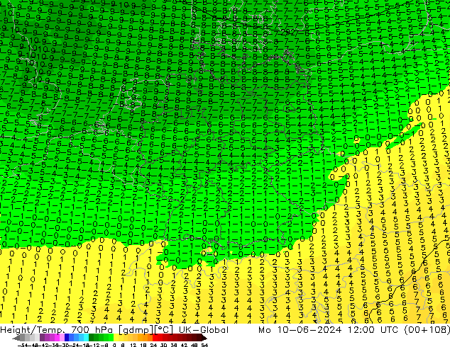 Geop./Temp. 700 hPa UK-Global lun 10.06.2024 12 UTC