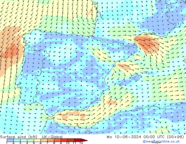 Surface wind (bft) UK-Global Po 10.06.2024 00 UTC