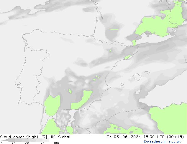 Cloud cover (high) UK-Global Th 06.06.2024 18 UTC