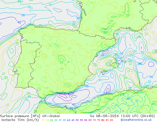 Isotachs (kph) UK-Global Sa 08.06.2024 12 UTC