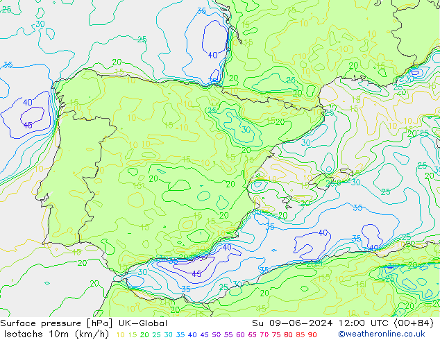 Isotachen (km/h) UK-Global zo 09.06.2024 12 UTC