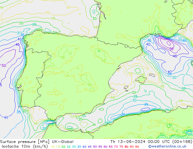 Isotachs (kph) UK-Global Th 13.06.2024 00 UTC